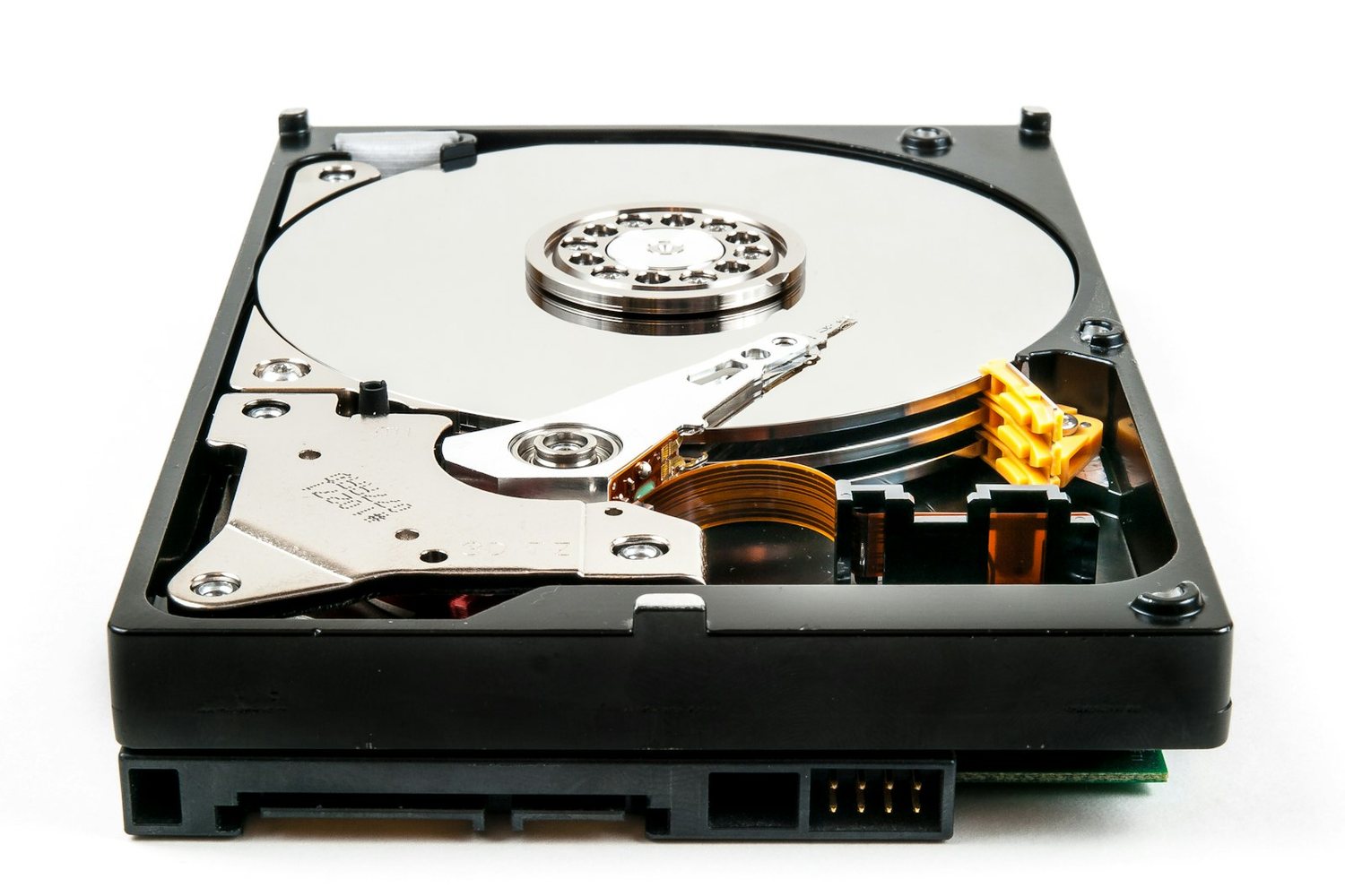 Open hard drive showing its platter