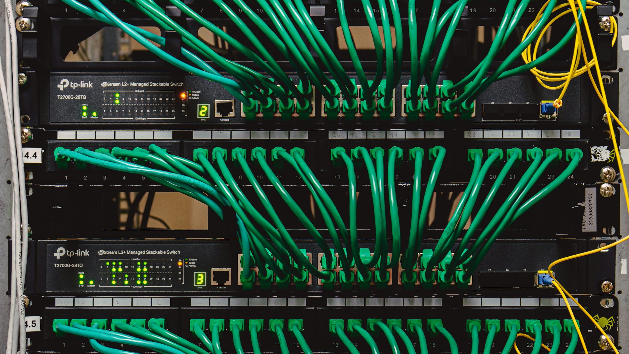 Server rack with neatly patched network cables