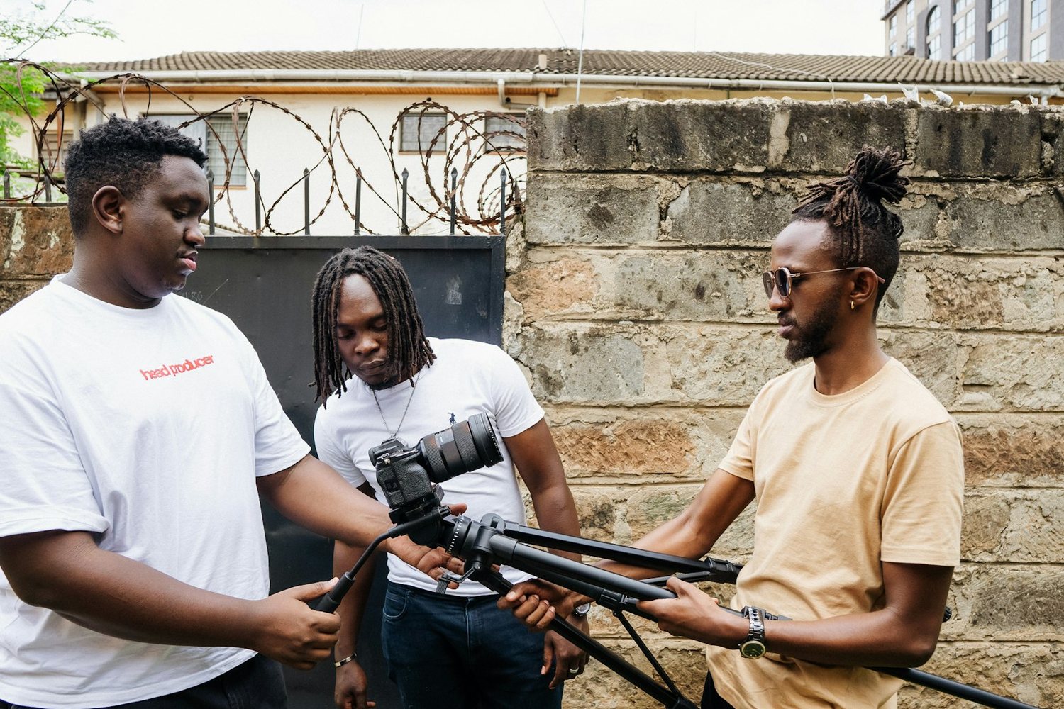 Crew reviewing footage on location